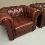 Brown brown leather chesterfield armchairs