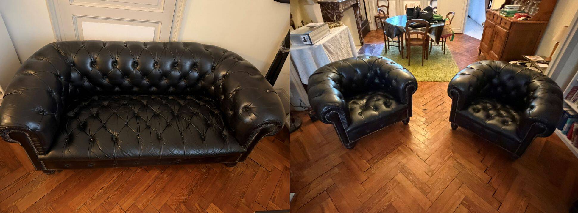 Canapé Chesterfield cuir noir + paire de fauteuils