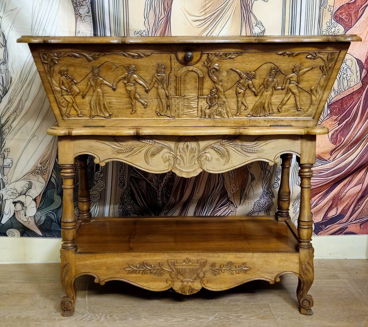 Bread trough / carved walnut – animated scene decoration – early 20th century