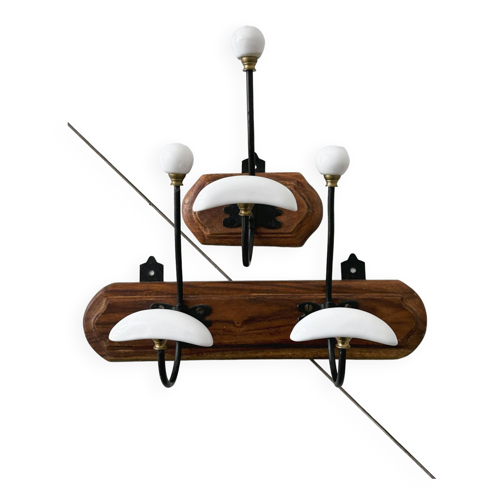 Set of two wooden and porcelain coat hooks