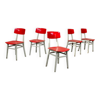 Lot de 5 chaises TON Bystrice (Thonet) rouge et blanche 1960