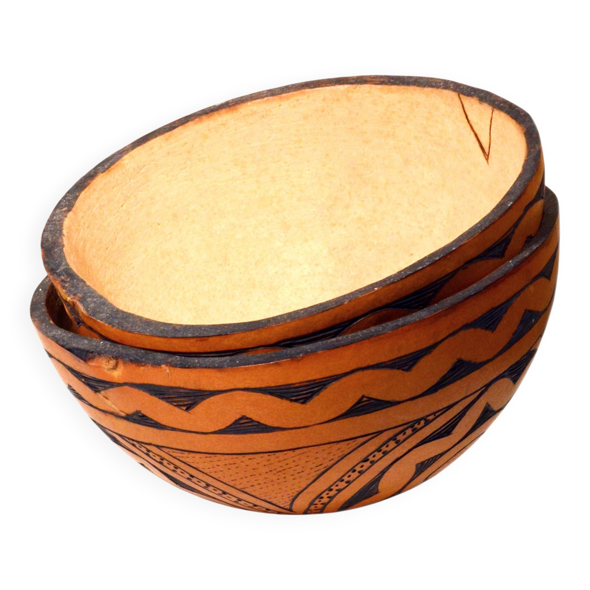 2 half decorated gourds (pyrography), floral and geometric patterns, 20cm