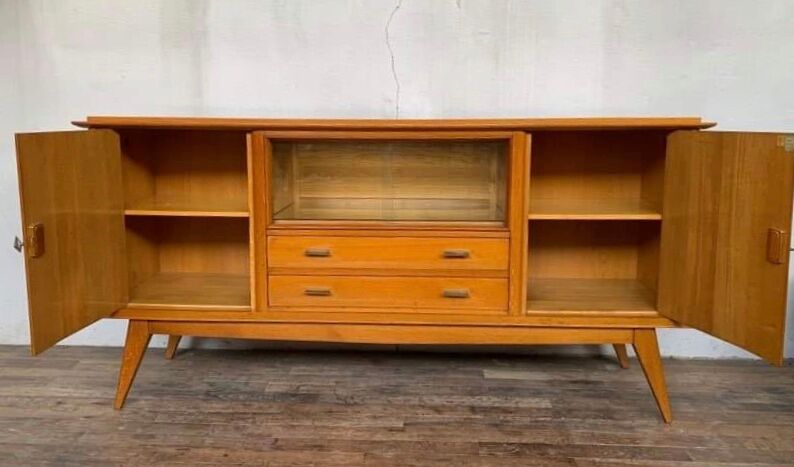 Enfilade moderniste en chêne longueur 197 vintage 1950 pieds compas