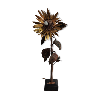 Vintage metal and bronze sunflower sculpture lamp, 1970s belgium