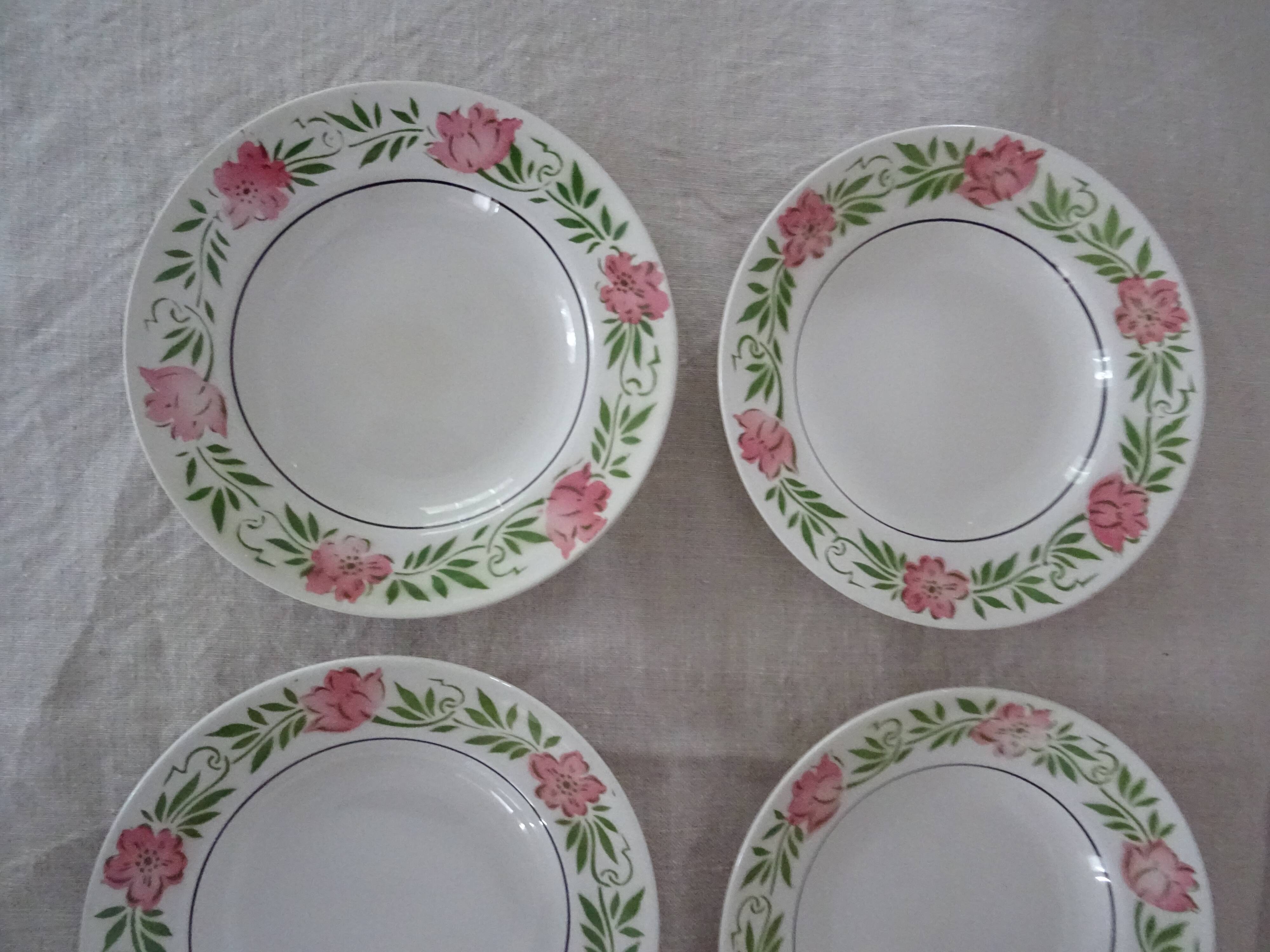 6 Plates wolf mill decoration flowers pink and green faience old