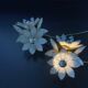 Pair of Hollywood Regency flower sconces in white glass and brass. Italy