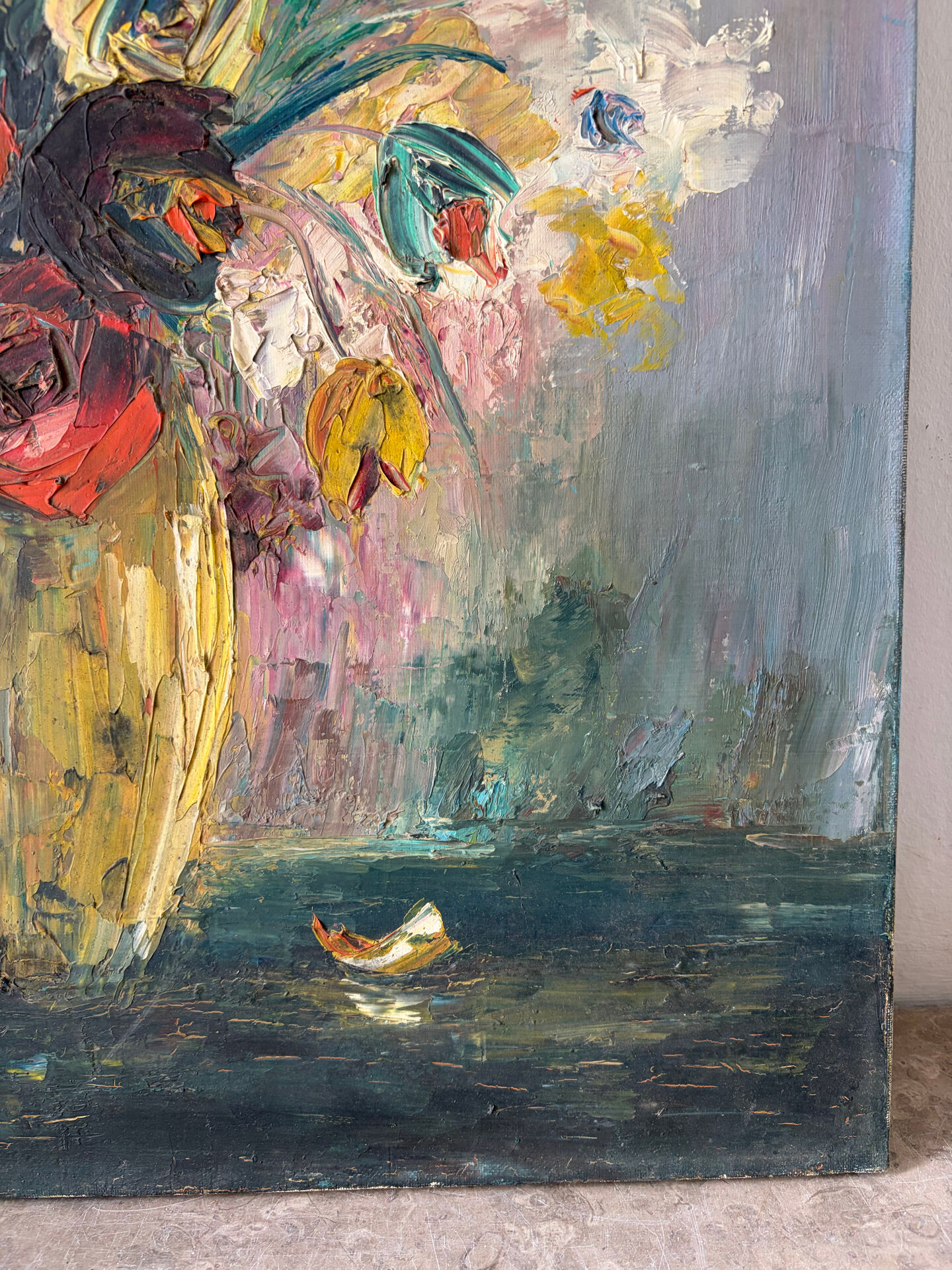 Bouquet, huile au couteau, signée Lallemand