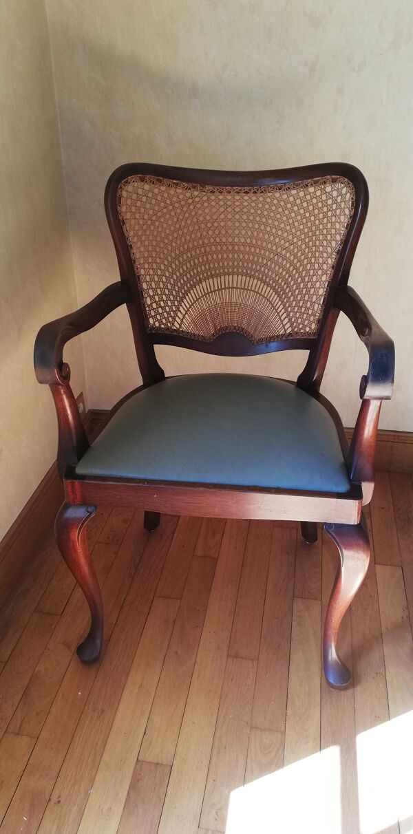 paire De fauteuils En Acajou cuir Et Cannage