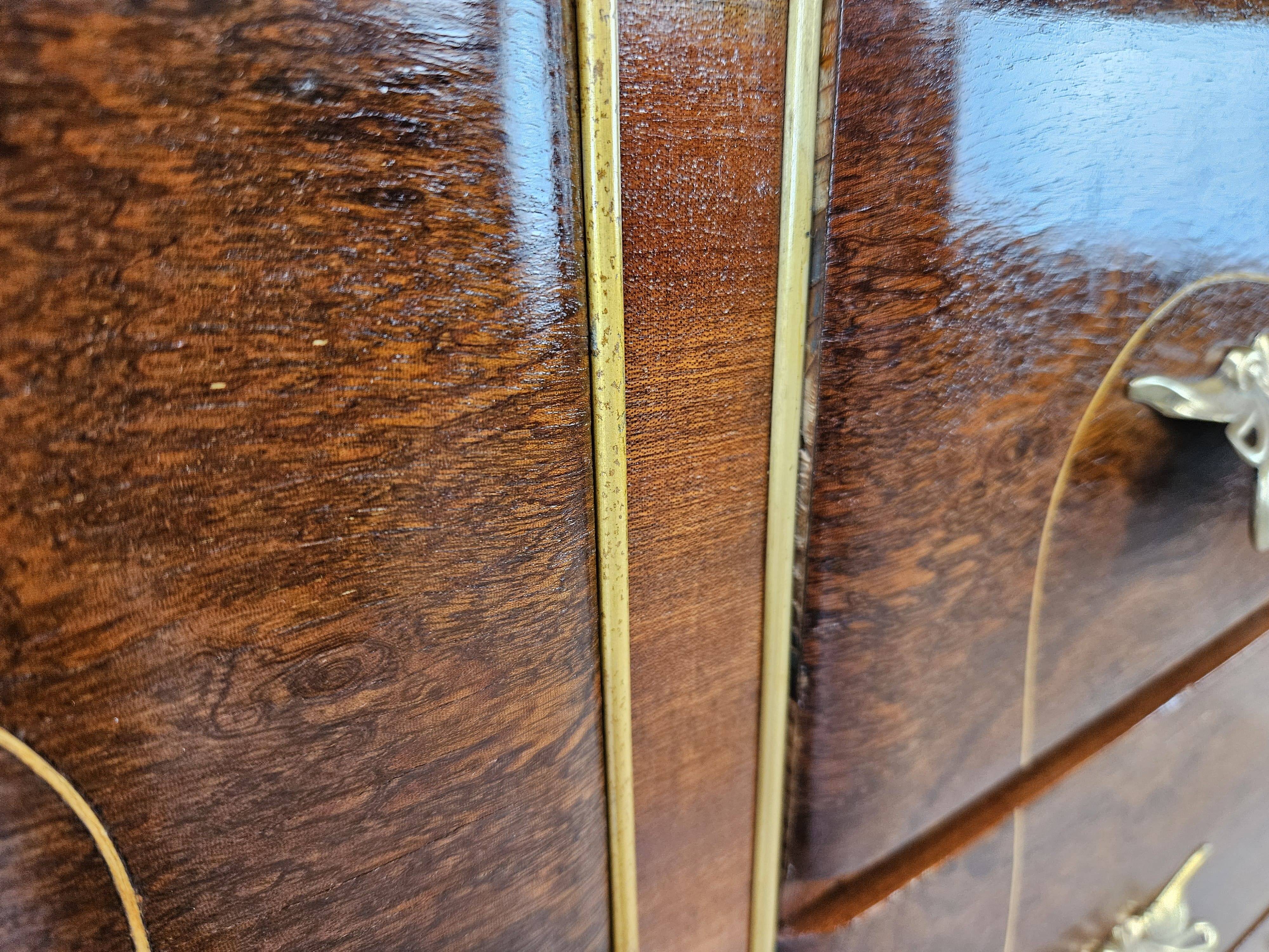 1950s Art Decò walnut burl and brass chest of drawers
