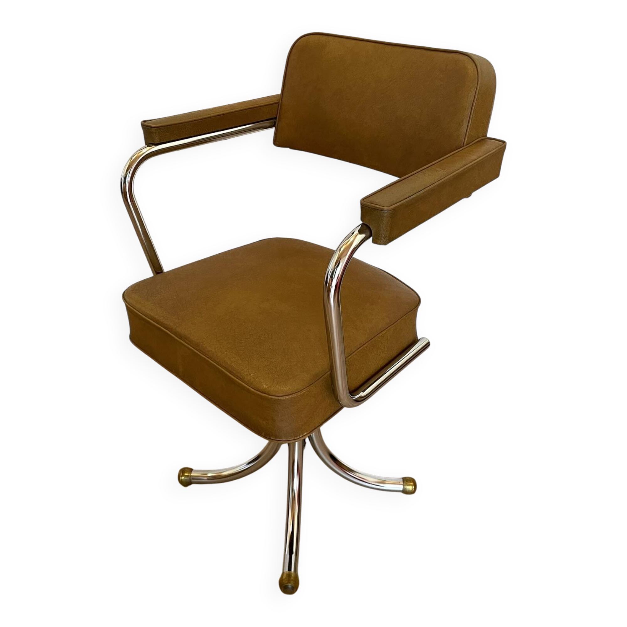 Fauteuil de Bureau Pivotant Vintage 1970 – Style Space Age Chrome & Camel