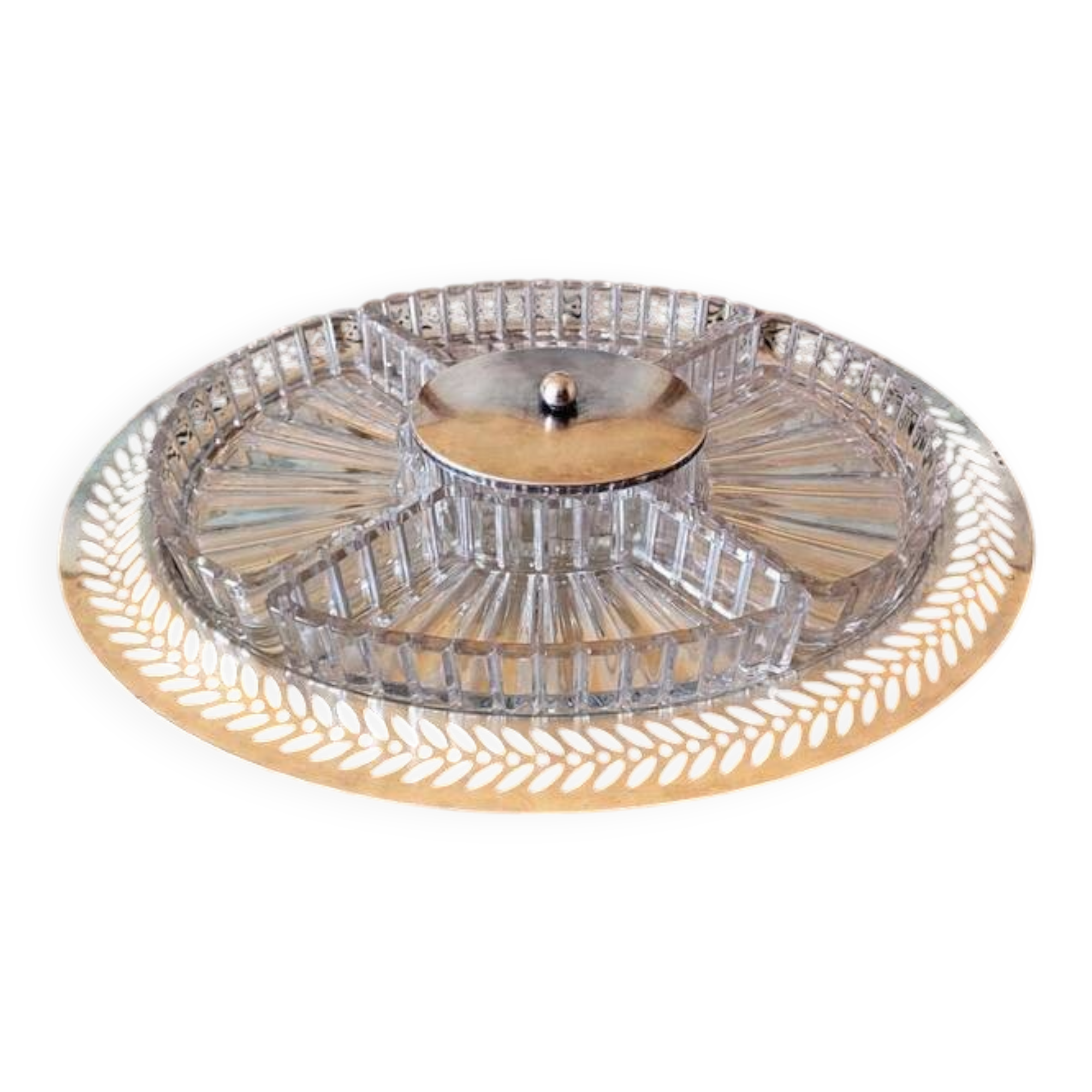 Art Deco style silver-plated metal and glass aperitif tray, 5 compartments.