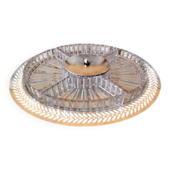 Art Deco style silver-plated metal and glass aperitif tray, 5 compartments.
