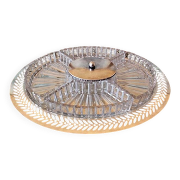 Plateau apéritif style art déco métal argenté et verre, 5 compartiments
