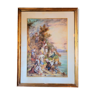 Ancien grand tableau aquarelle vintage signée Paul Berthier fin  XIXe début XXe