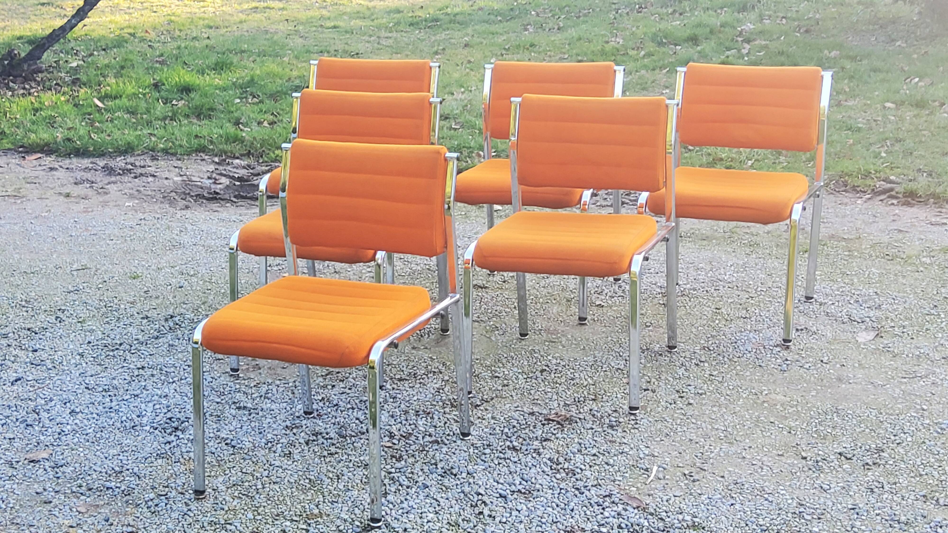 Set of 6 designer chairs from the 70s orange fabrics and chrome tubes