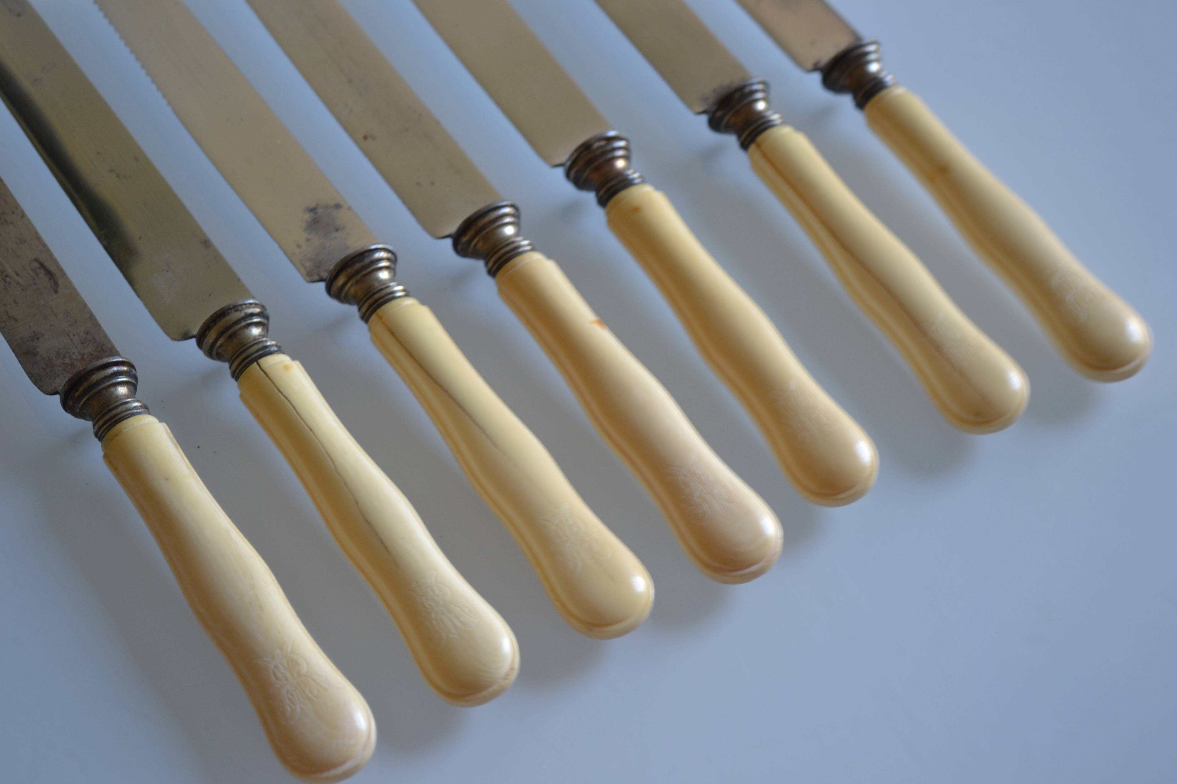 7 old table knives from the 19th century, monogrammed ivory-colored handles
