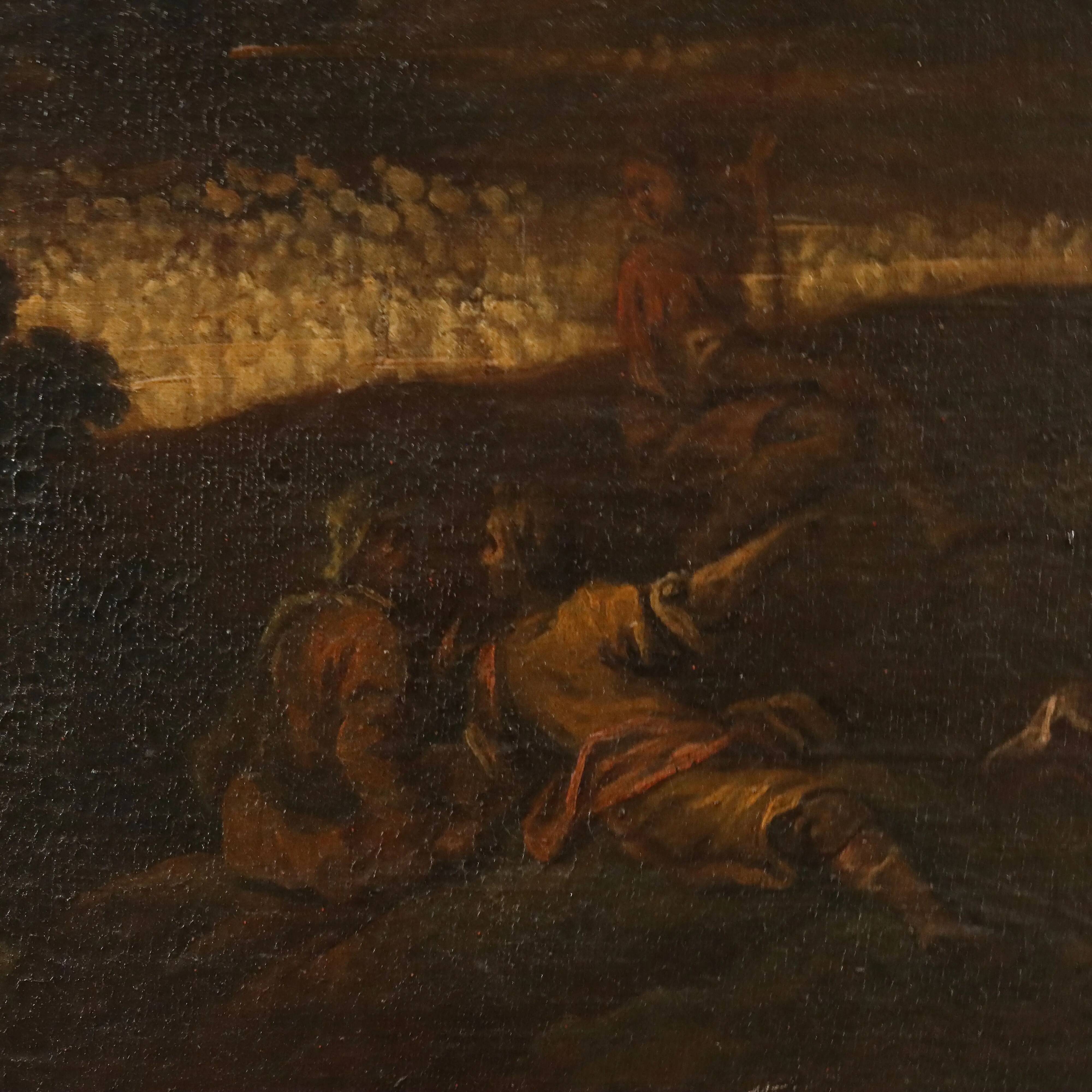 Old painting of a preaching scene, oil on canvas, 18th century.