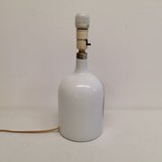 Older table lamp in milky white opaline glass with purple pattern / details from danish holmegaard.