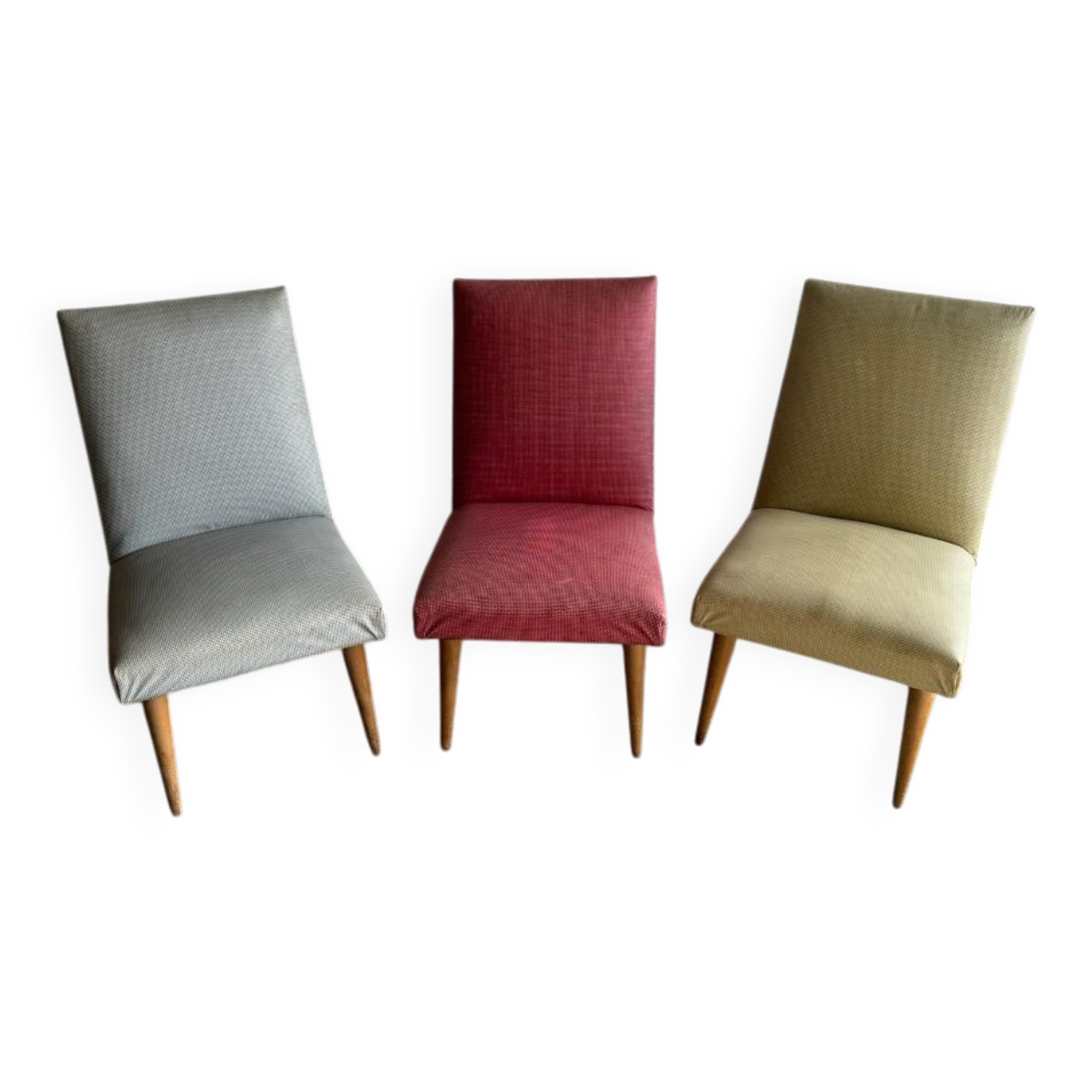 Set of 3 Mid-century club chairs — light blue, wine red & ochre textile with wooden legs