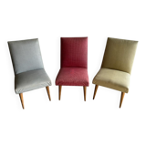 Set of 3 Mid-century club chairs — light blue, wine red & ochre textile with wooden legs