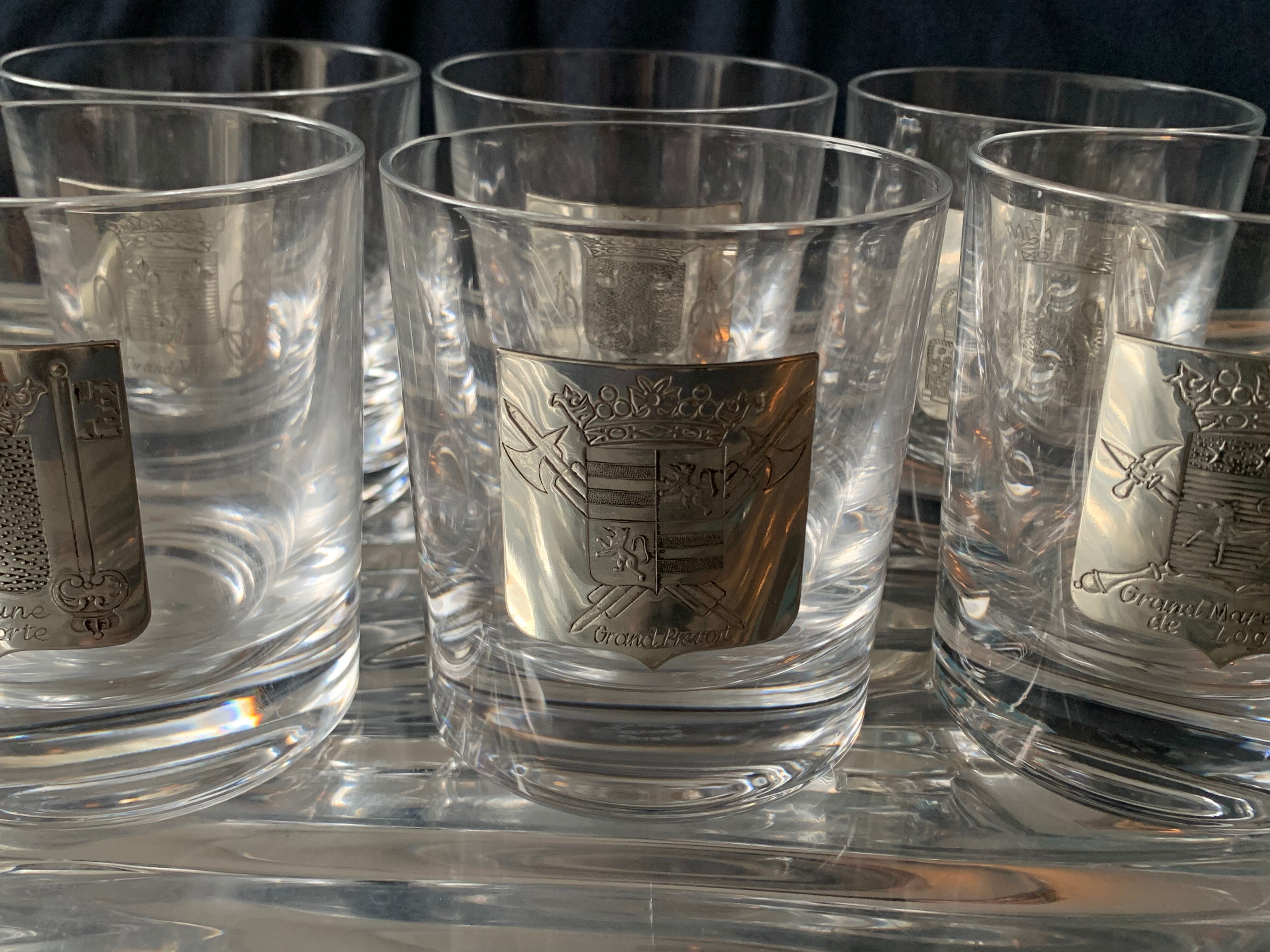 6 crystal whiskey glasses from Sèvres Prévost, Captain, Marshal, Boutelier, Fauconnier and Veneur