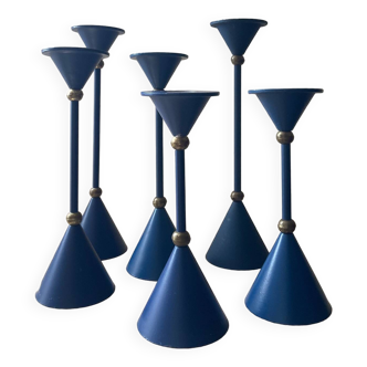 Series of 6 diabolo candlesticks in blue metal from the 80s