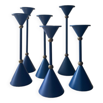 Series of 6 diabolo candlesticks in blue metal from the 80s