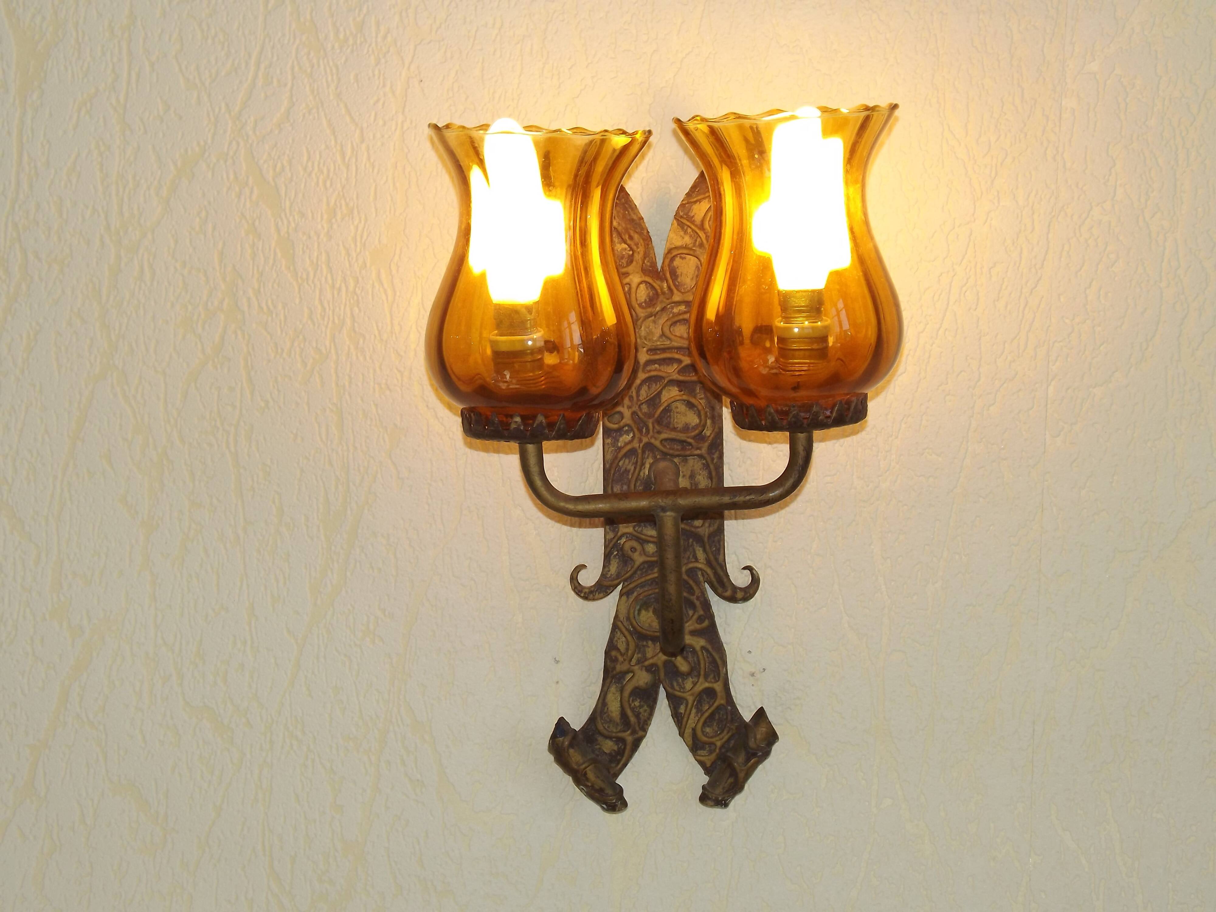 Double Hand Forged Wrought Iron Medieval Style Wall Light with Amber Glass Shade