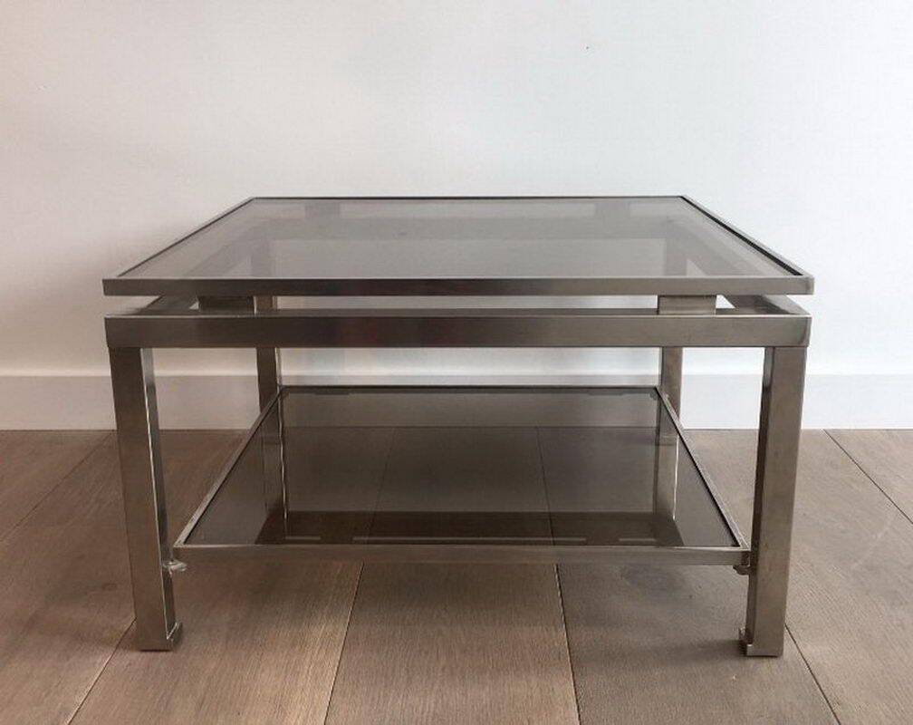 Pair of side tables in brushed steel. Guy Lefèvre for Maison Jansen
