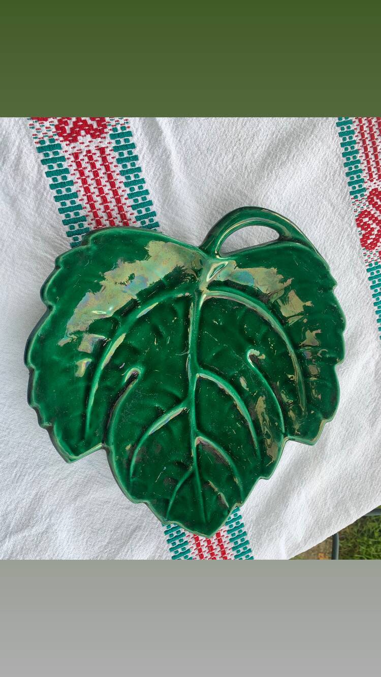 Green enameled ceramic leaf dish, slip, Lunetta vallauris stamps, vintage