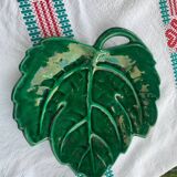 Green enameled ceramic leaf dish, slip, Lunetta vallauris stamps, vintage