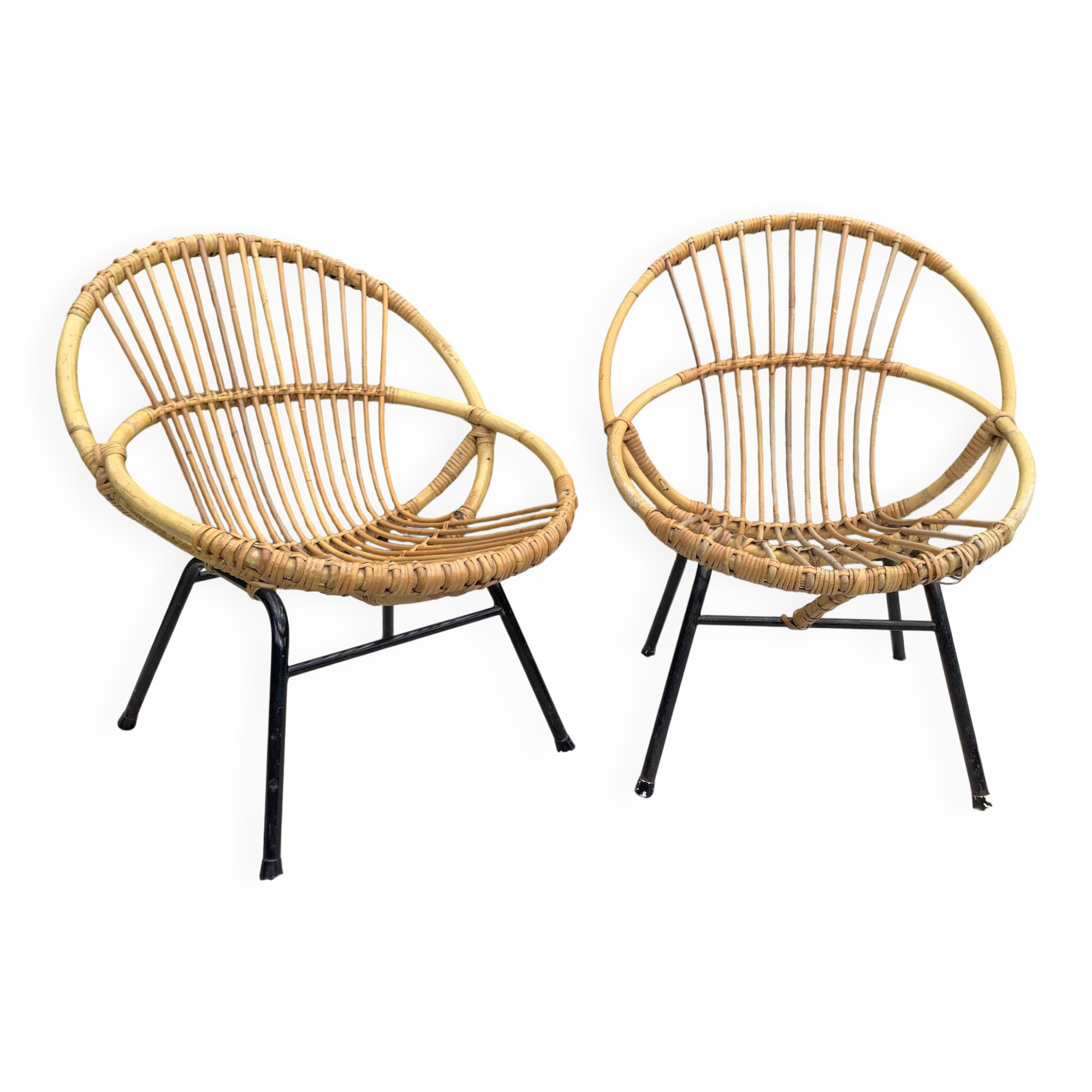 Pair of children's armchairs in rattan from the 1960s.