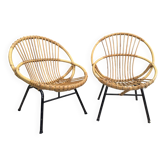 Pair of children's armchairs in rattan from the 1960s.