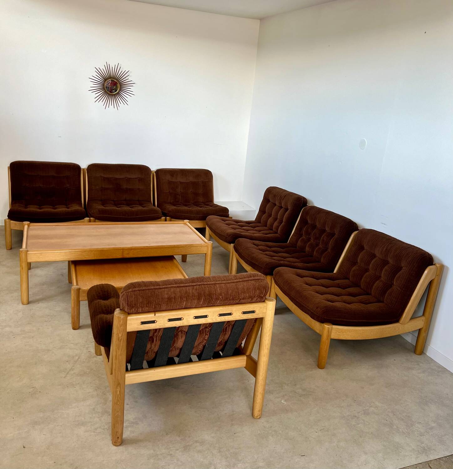 Old modular living room 7 armchairs and vintage Scandinavian design coffee table from the 60s