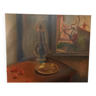 Nature morte, huile sur toile, scène d'intérieur, plateau marocain, carafe