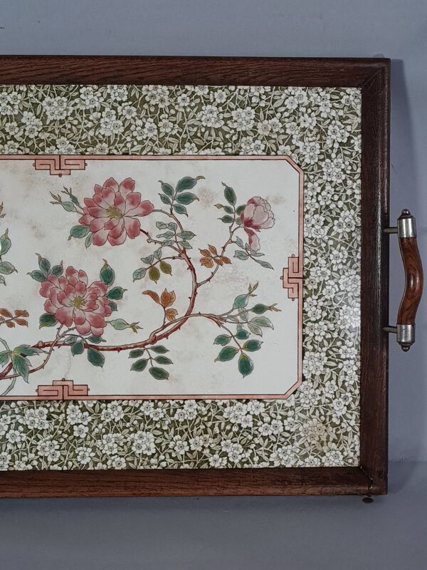 Ancien plateau de service faïence émaillée floral  & bois 1900 57x35 cm C99