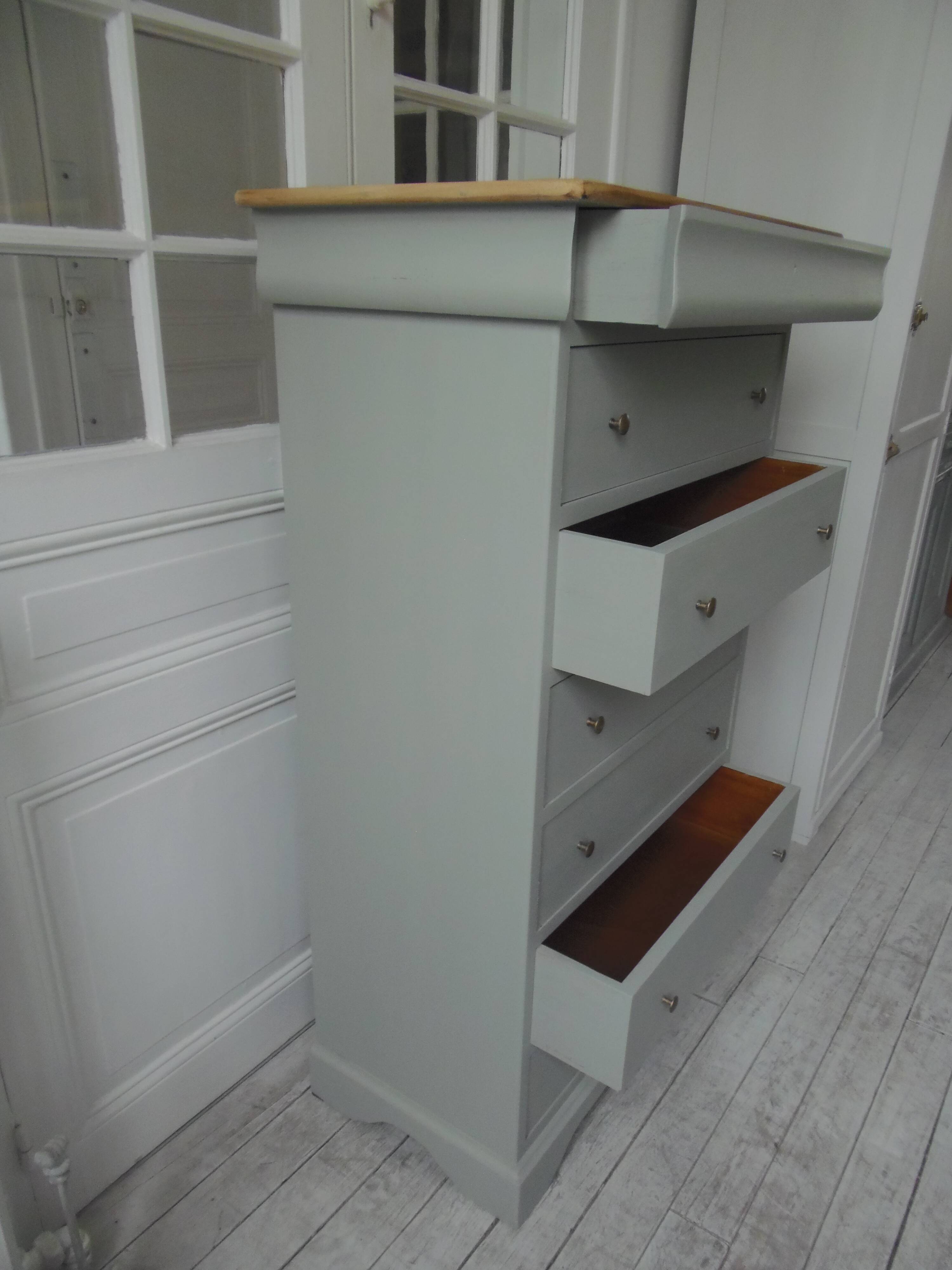 Louis Philippe style chest of drawers, 7 drawers, in verdigris, wooden top