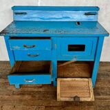 Wooden commercial workshop furniture with 4 drawers and 2 hinged doors - original patina