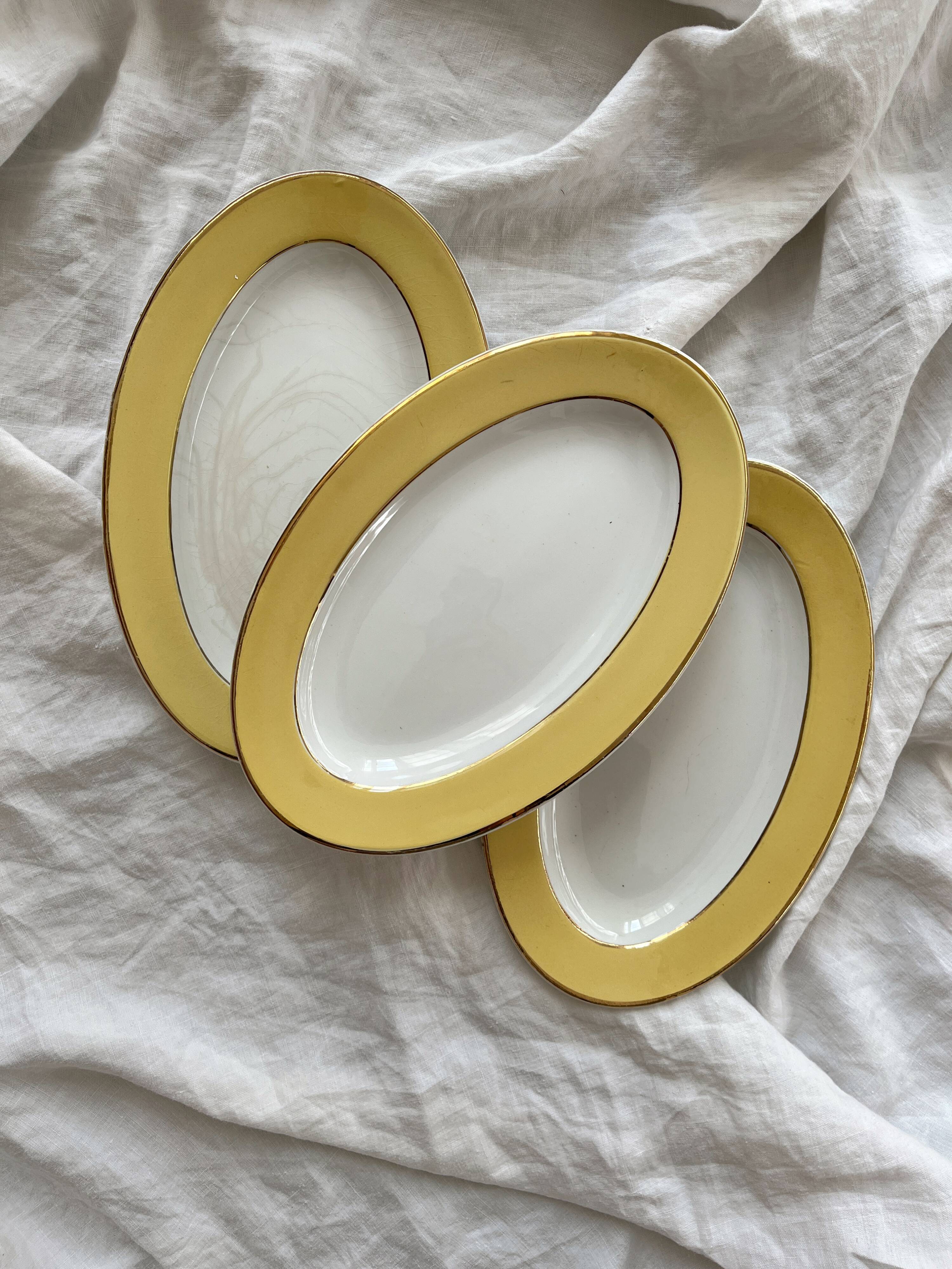 3 vintage yellow earthenware dishes with gold trim L'amandinoise