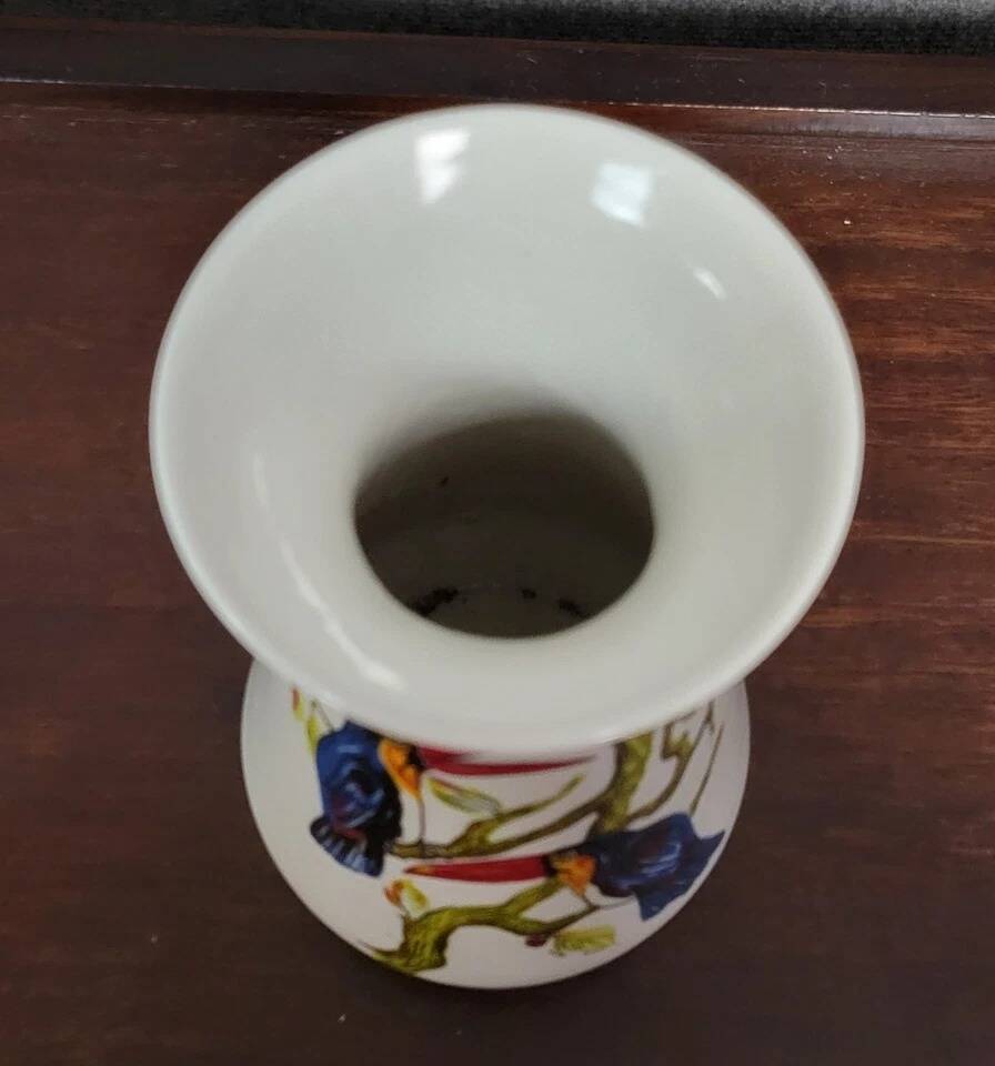 Finely hand-painted porcelain vase with toucans, circa 1950