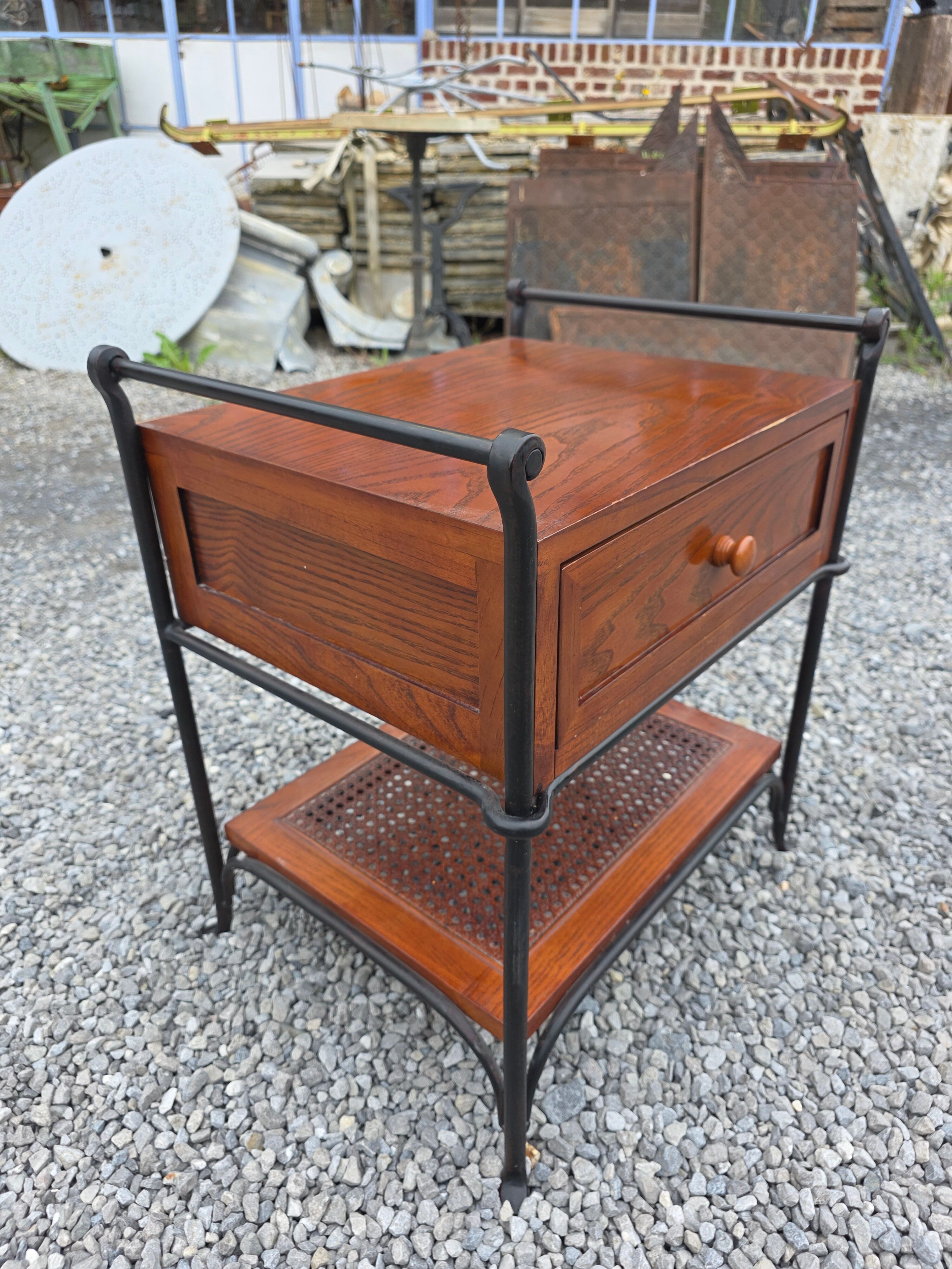 Vintage bedside table in solid oak and wrought iron.
