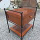 Vintage bedside table in solid oak and wrought iron.
