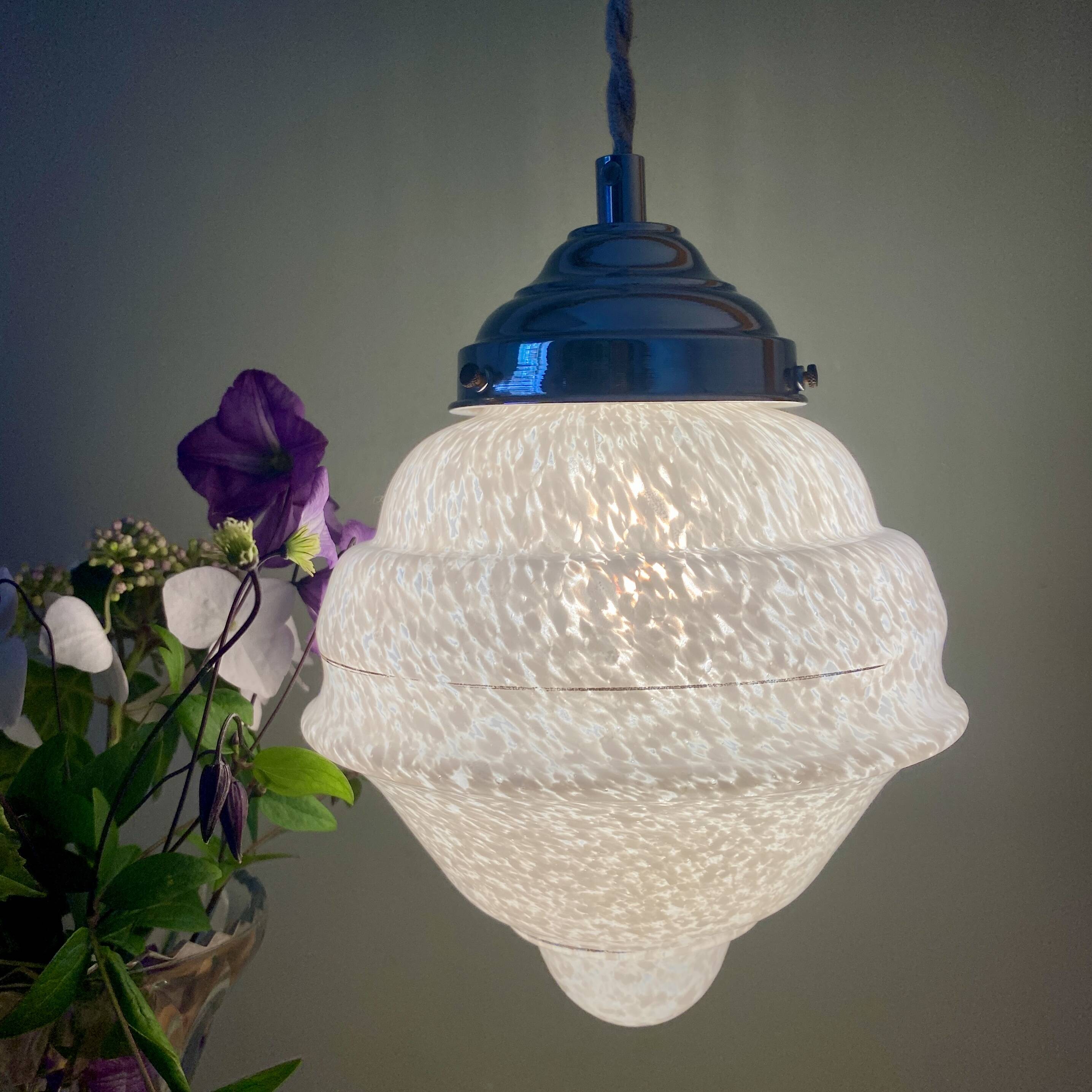 Vintage art deco globe pendant light in white Clichy glass