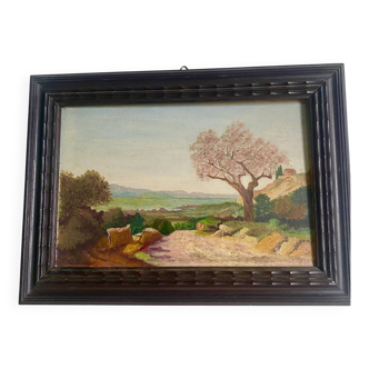 Huile , cadre bois vitré