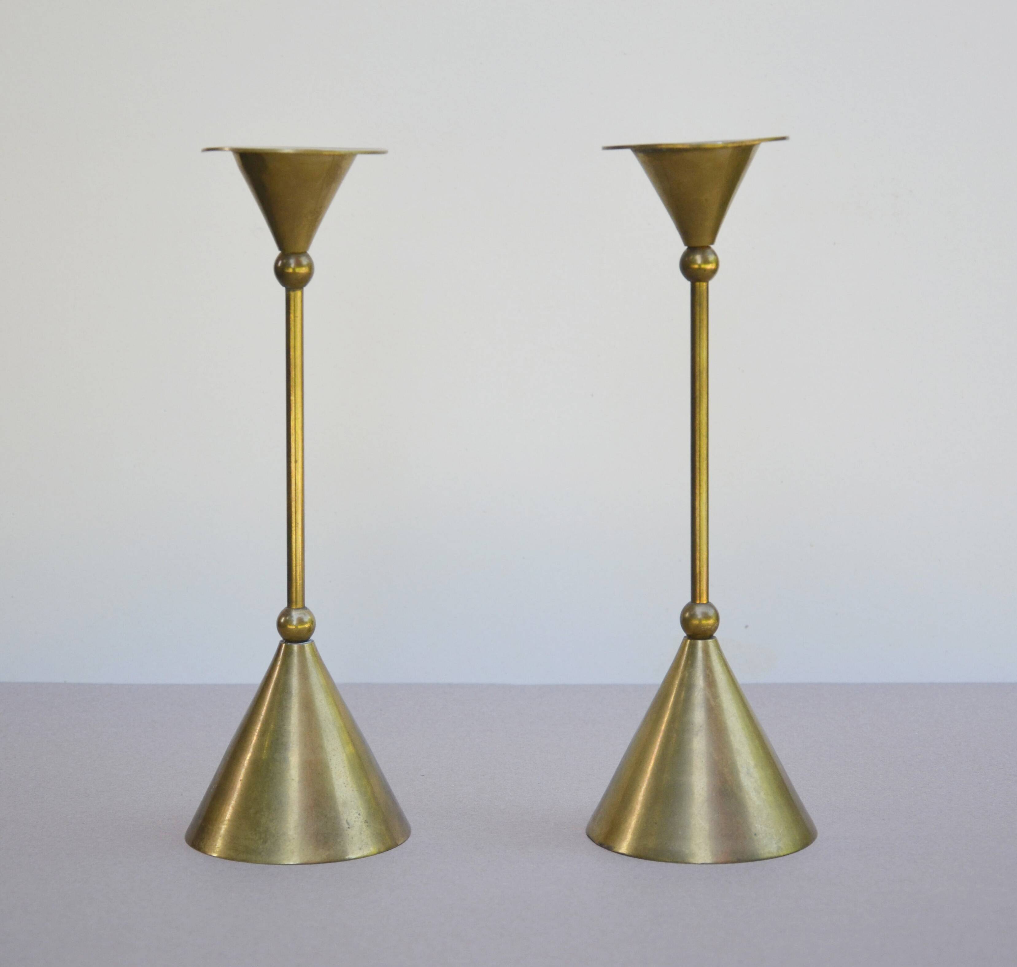 Pair of brass candlesticks, Memphis style