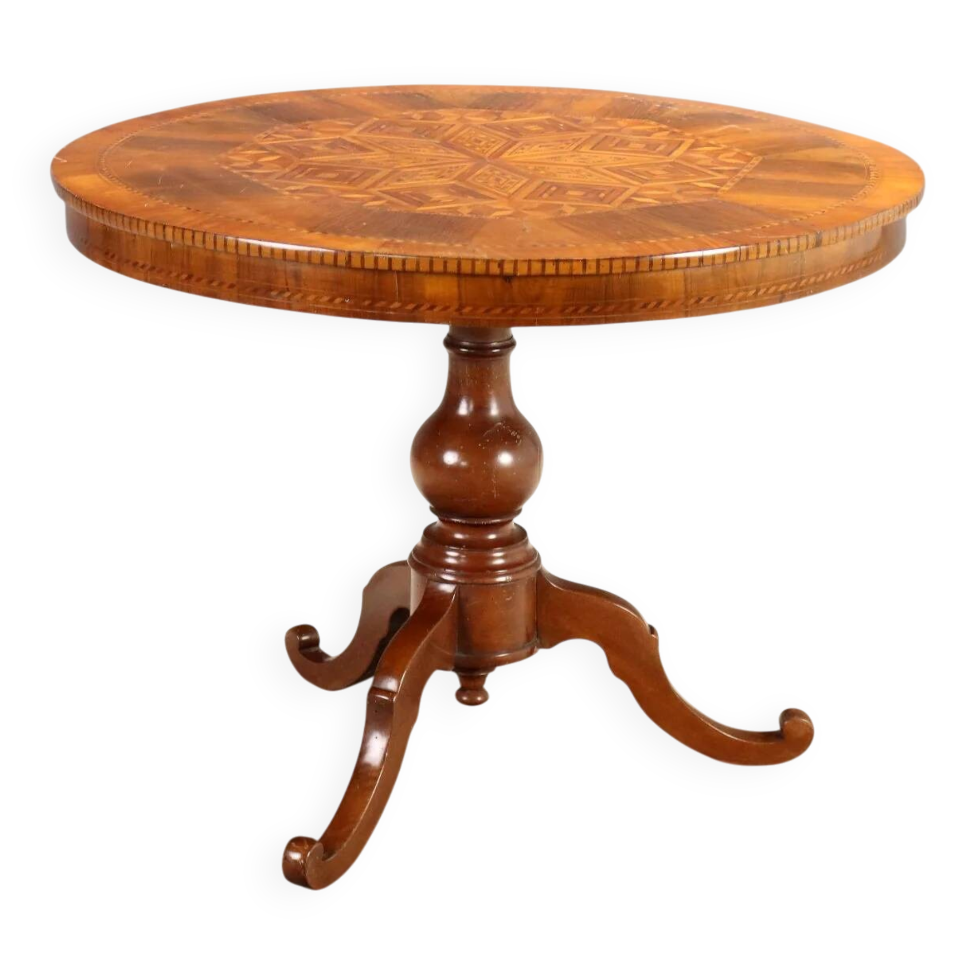 Antique round walnut table with a baluster central leg, Italy, 19th century.