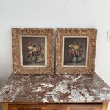 Pair, oil painting, 19th century, still life with bouquet of flowers, wooden frames, signed