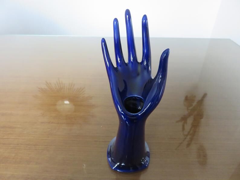 Signed blue ceramic soliflore hand