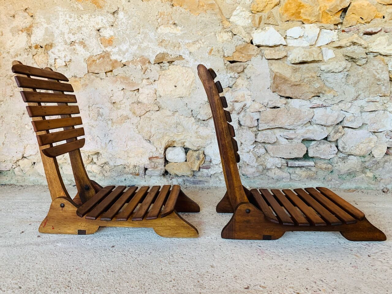 Pair of vintage folding chairs with slats, 1950-1960