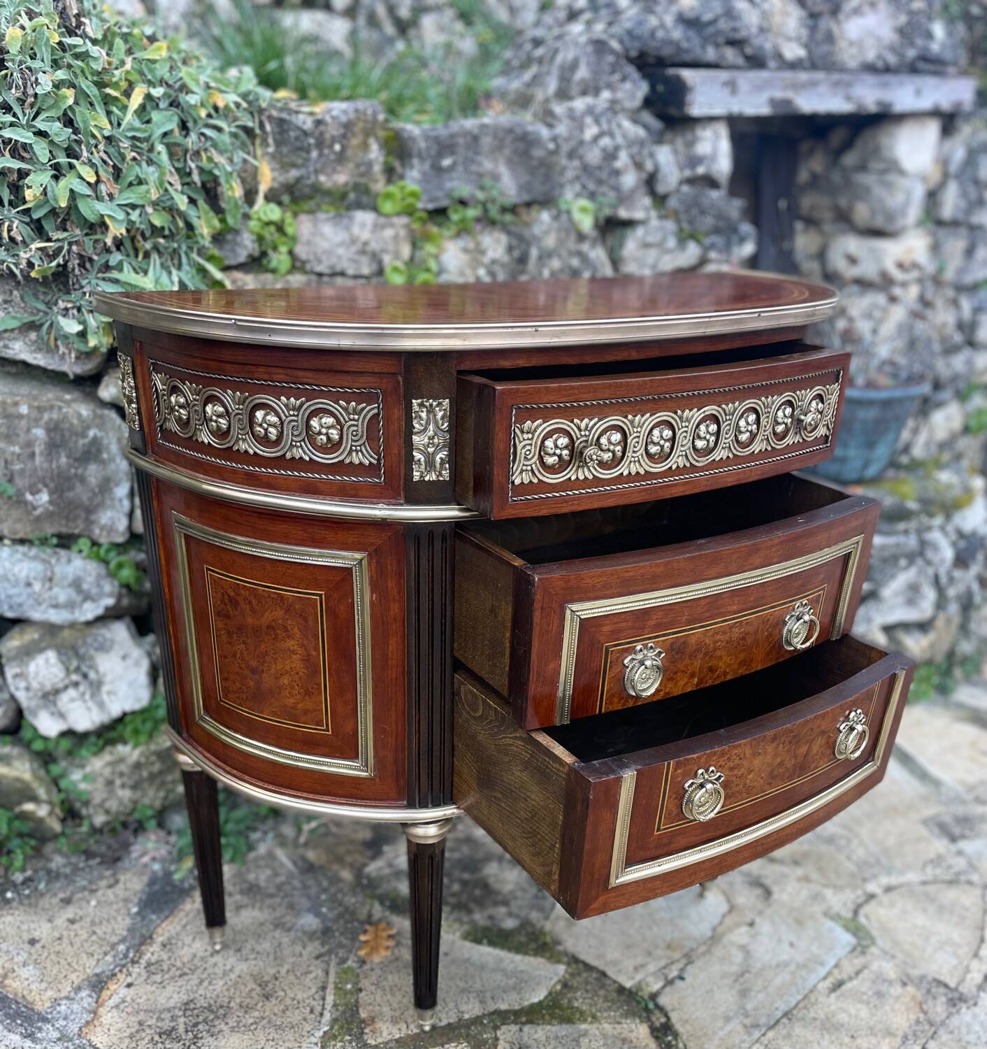 Louis XVI style mahogany and gilded bronze chest of drawers, 20th century